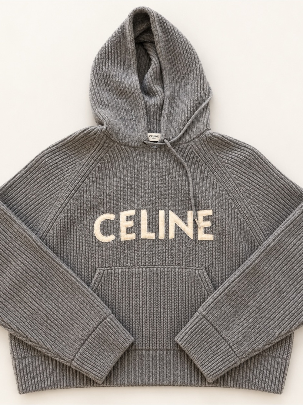 CELINE Logo Appliqué Ribbed Wool Hoodie Grey M 100% 🐑 wool